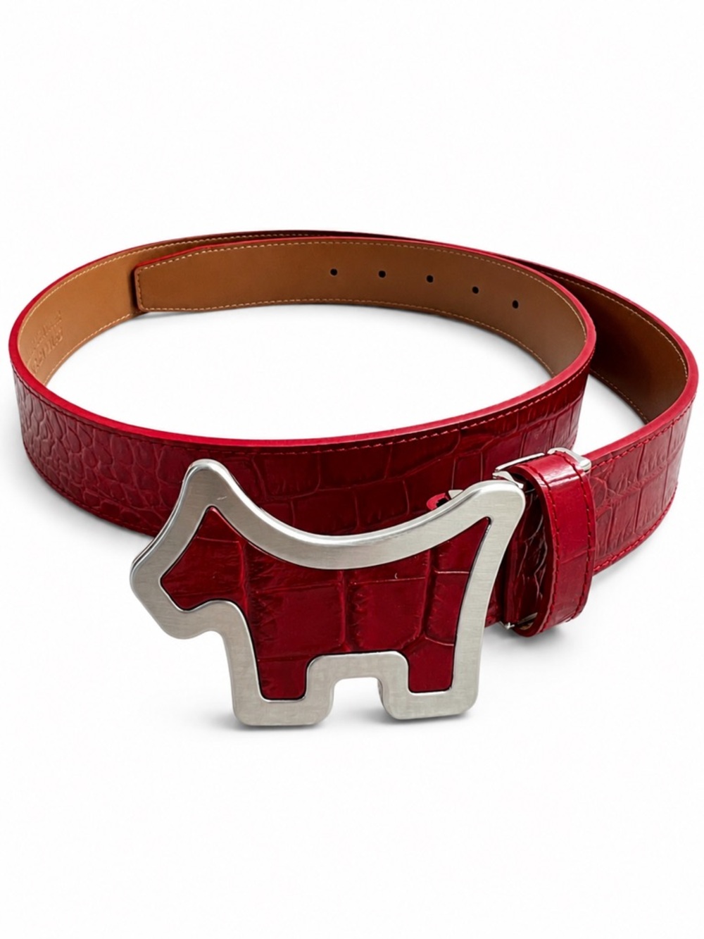 NWOT Red Croc-Embossed Leather Belt with Novelty Scottie Dog Silver Buckle